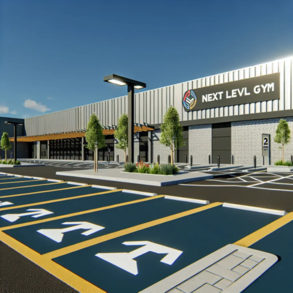 A Next Leveel Gym külső nézete és a közeli parkolóhelyek
