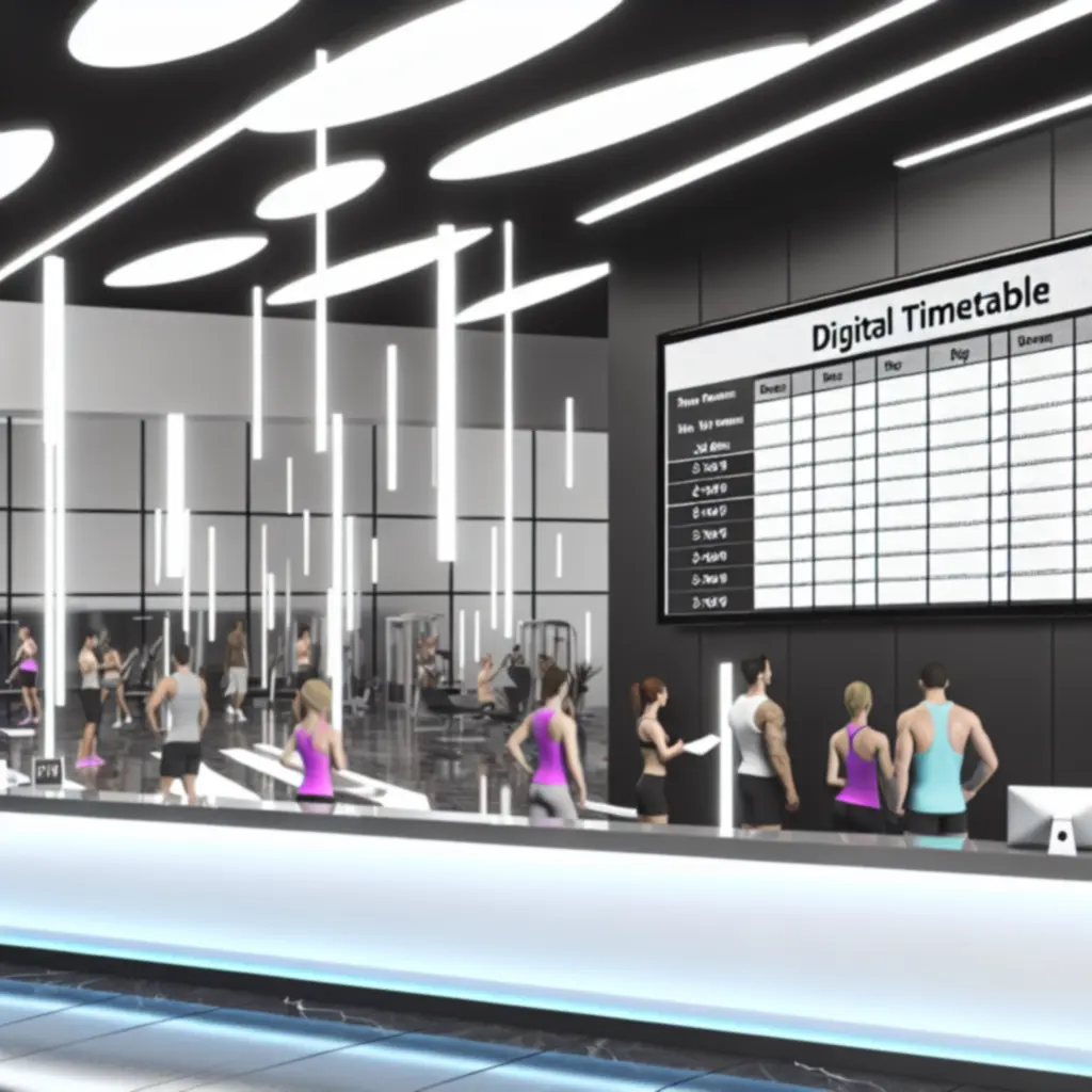 Modern edzőterem digitális órarend kijelzővel